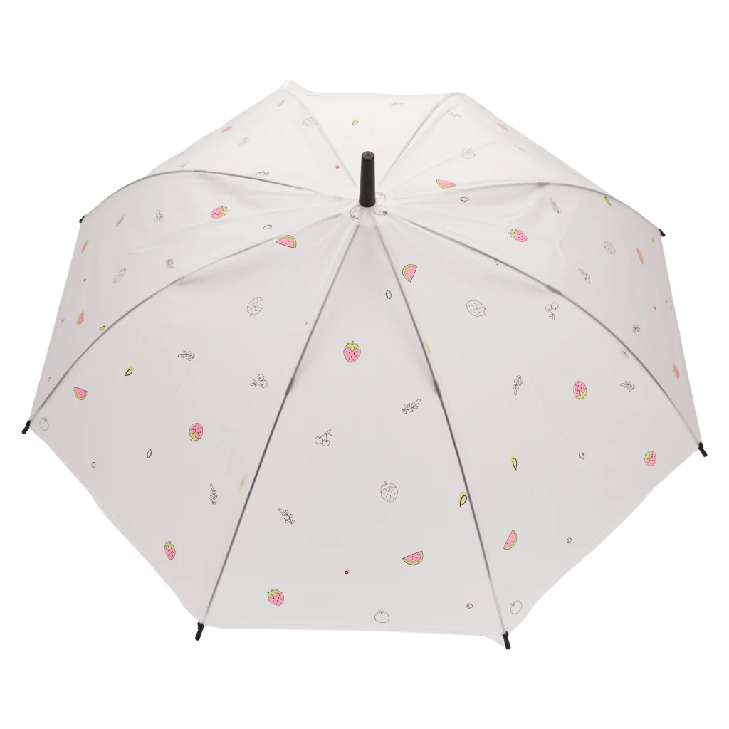 Transparenter Regenschirm mit Frucht-Print und J-Griff (Blau/Gelb/Lila/Schwarz)