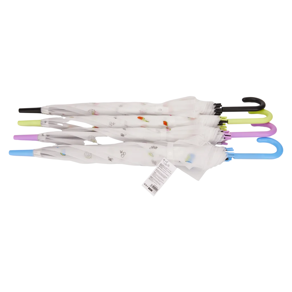 Transparenter Regenschirm mit Frucht-Print und J-Griff (Blau/Gelb/Lila/Schwarz)