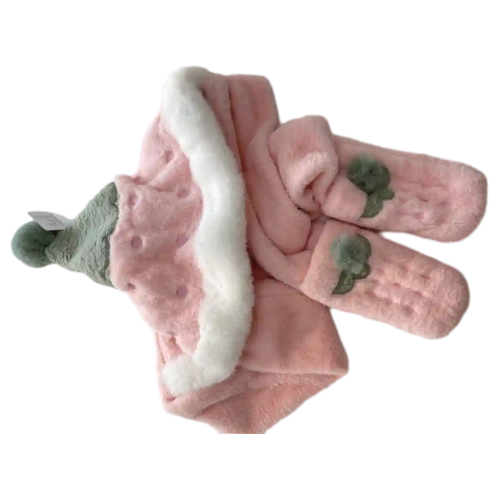 Flauschige Mütze mit Schal aus 100% Polyester mit Erdbeer-Design (Rosa/Grün)