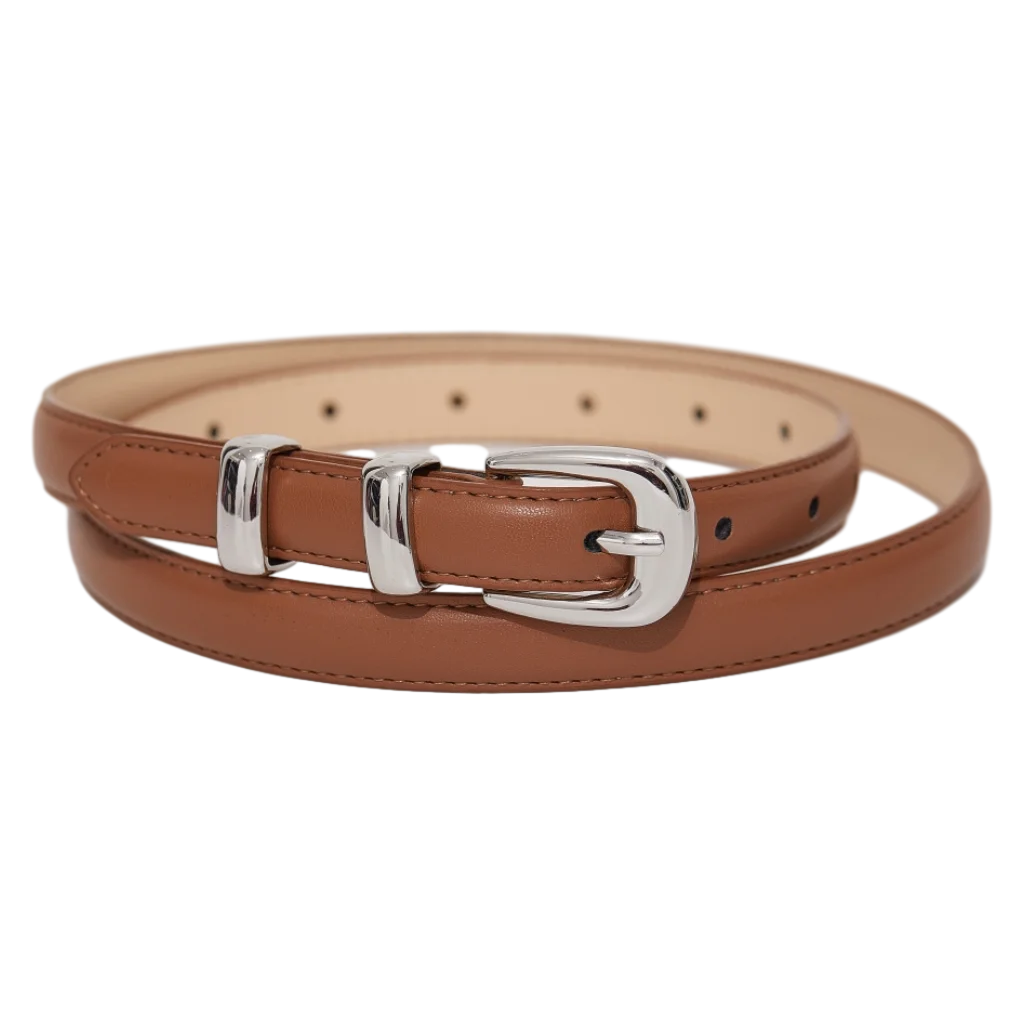 Schmaler Damen Gürtel aus Leder mit Metallschnalle (Braun)