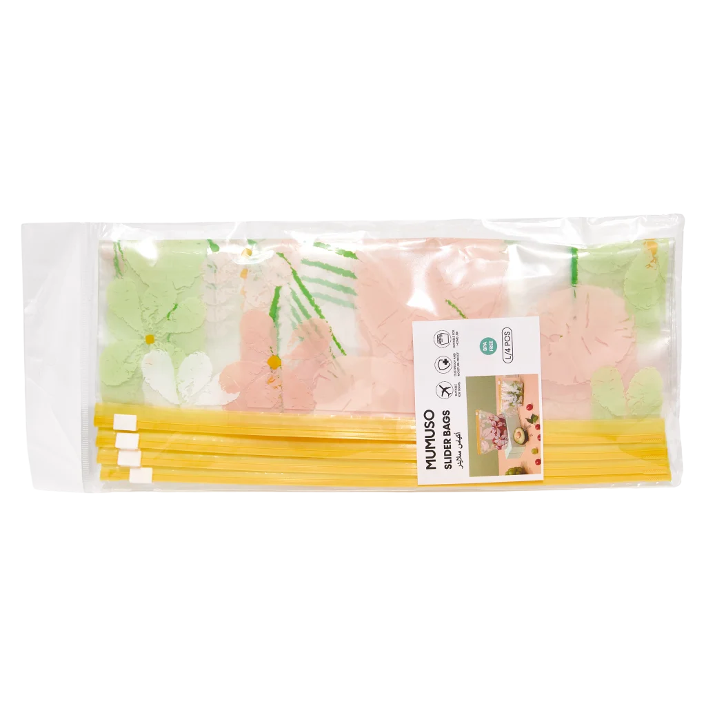 4-teiliges PE-Slider-Beutelset mit Blumen-Print (Gelb/Grün/Rosa)
