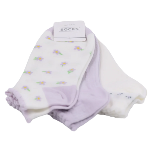3er-Pack Damen Sneakersocken aus Baumwollmischung mit Blumen-Print (Weiß/Flieder/Ecru)