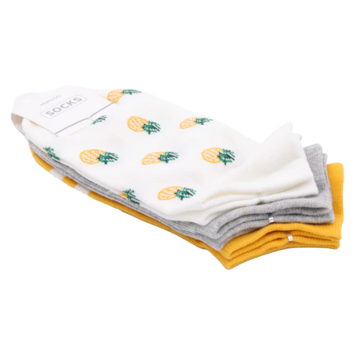 3er-Pack Damen Sneakersocken aus Baumwollmischung mit Ananas-Design (Weiß/Gelb/Grau)
