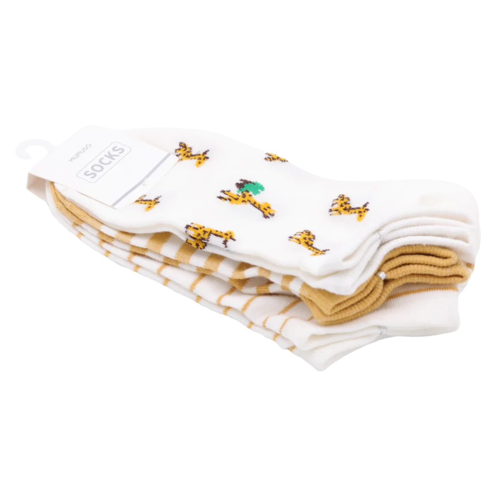 3er-Pack Damen Sneakersocken Baumwollmischung mit Giraffen-Design und Streifen (Weiß/Gelb/Weiß-Giraffe)