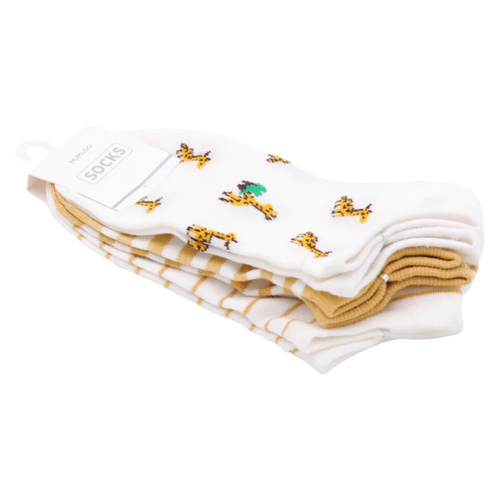3er-Pack Damen Sneakersocken Baumwollmischung mit Giraffen-Design und Streifen (Weiß/Gelb/Weiß-Giraffe)
