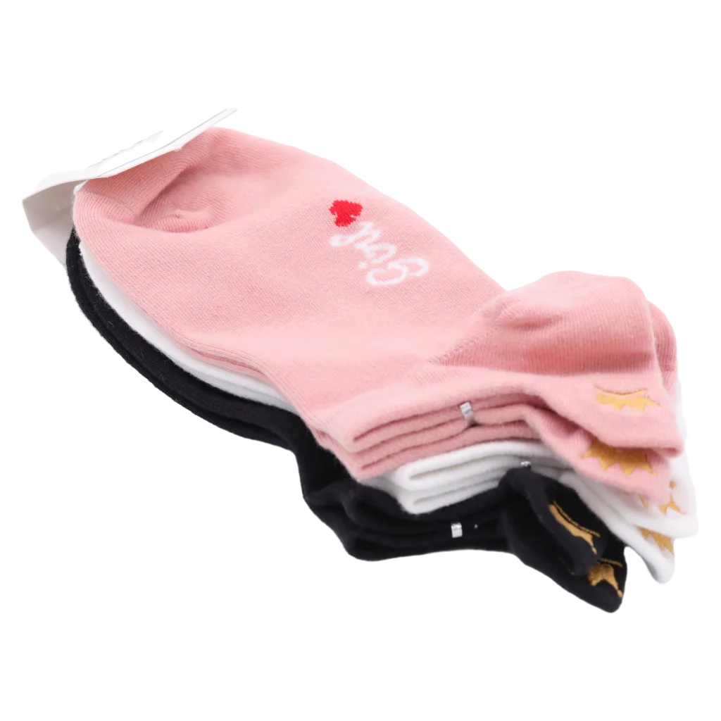 3er-Pack Damen Sneakersocken Baumwollmix mit Herz- und Kronen-Design (Schwarz/Weiß/Rosa)