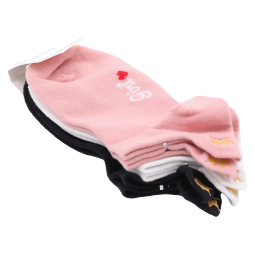 3er-Pack Damen Sneakersocken Baumwollmix mit Herz- und Kronen-Design (Schwarz/Weiß/Rosa)