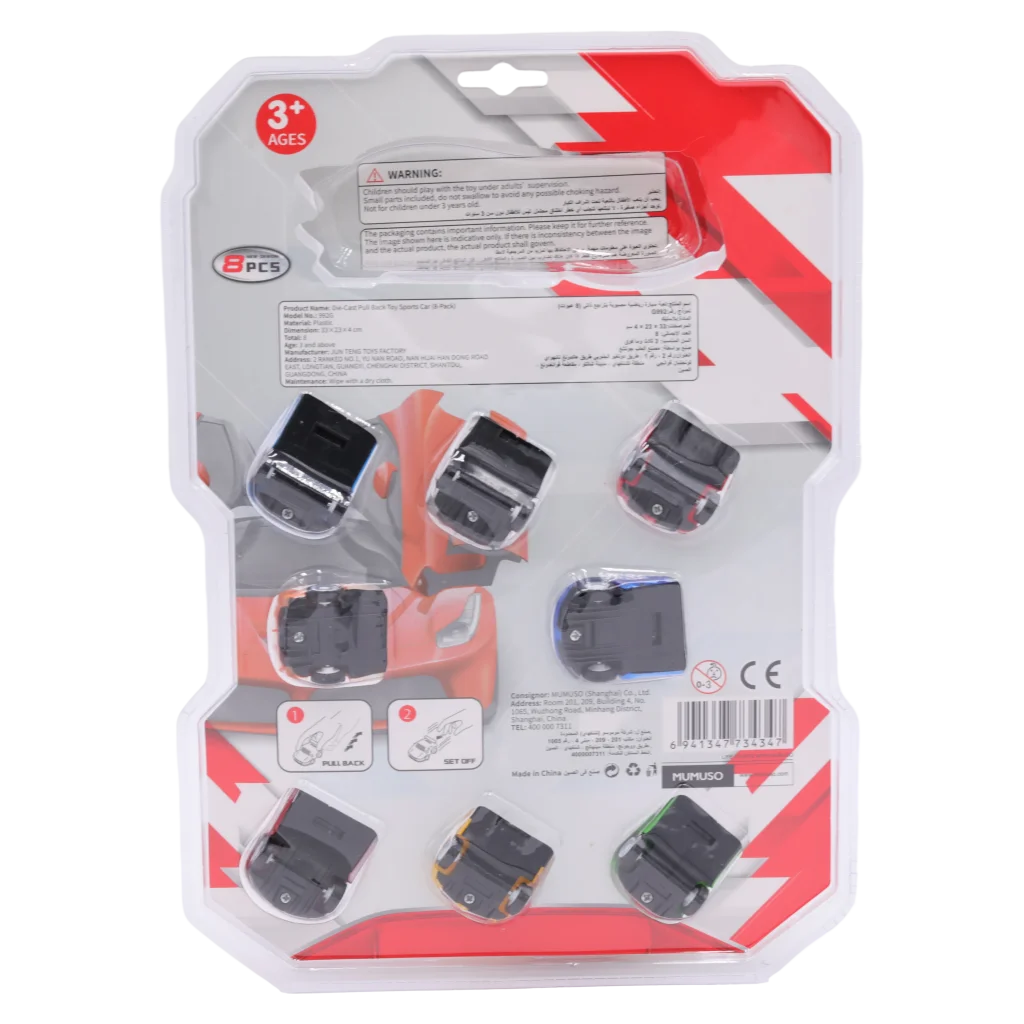 8er-Pack Spielzeug-Sportwagen aus Kunststoff mit Ziehmechanismus (Rot/Blau/Grün/Orange/Gelb/Schwarz)
