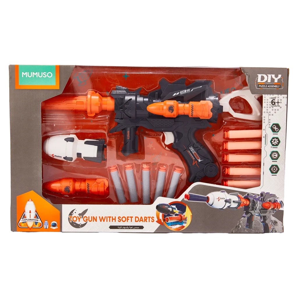 Spielzeugpistole mit Soft-Darts, Raumfahrzeug-Design (Schwarz/Weiß/Orange)
