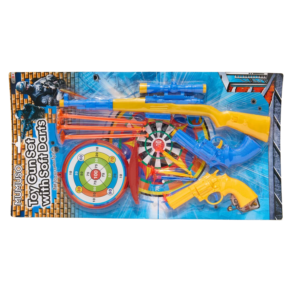 Spielzeugpistolen-Set mit Zielscheibe und Soft Darts (Blau/Gelb/Rot)