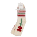 Damen Socken aus Mardervelours, gestreiftes Design mit floraler Verzierung (Creme/Grün/Rot)