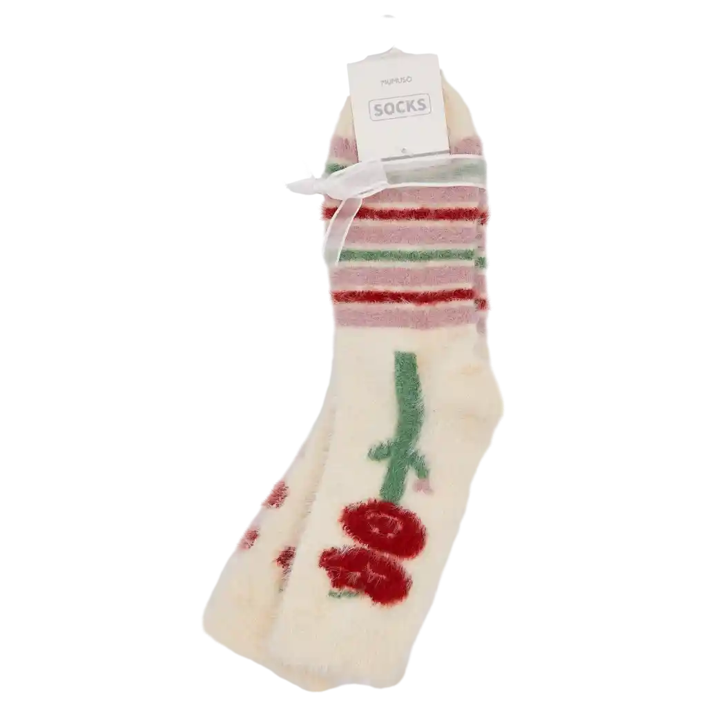 Damen Socken aus Mardervelours, gestreiftes Design mit floraler Verzierung (Creme/Grün/Rot)