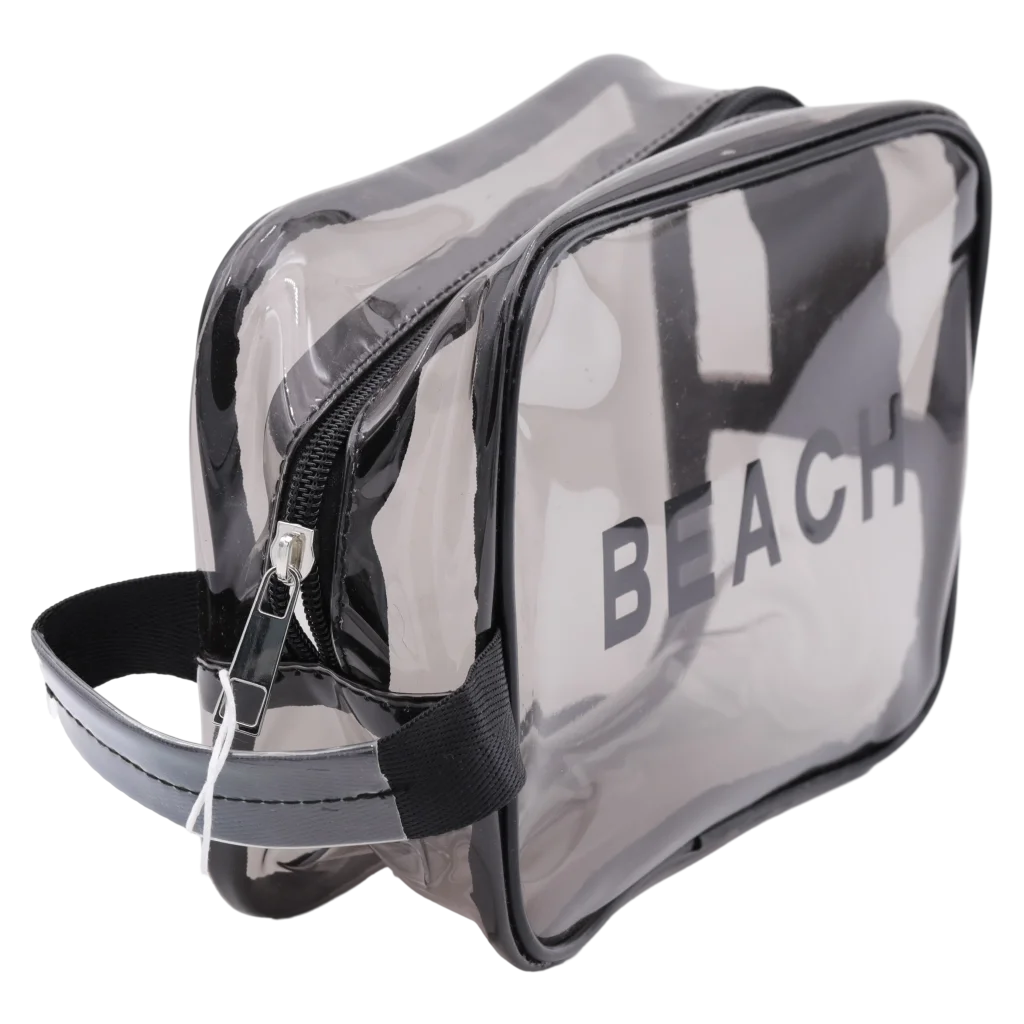 Transparente PVC-Kosmetiktasche mit BEACH-Print, portable Aufbewahrung (Schwarz)