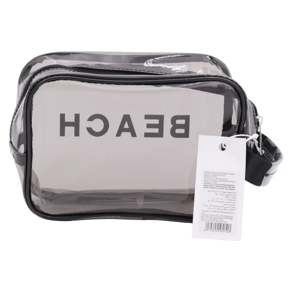 Transparente PVC-Kosmetiktasche mit BEACH-Print, portable Aufbewahrung (Schwarz)