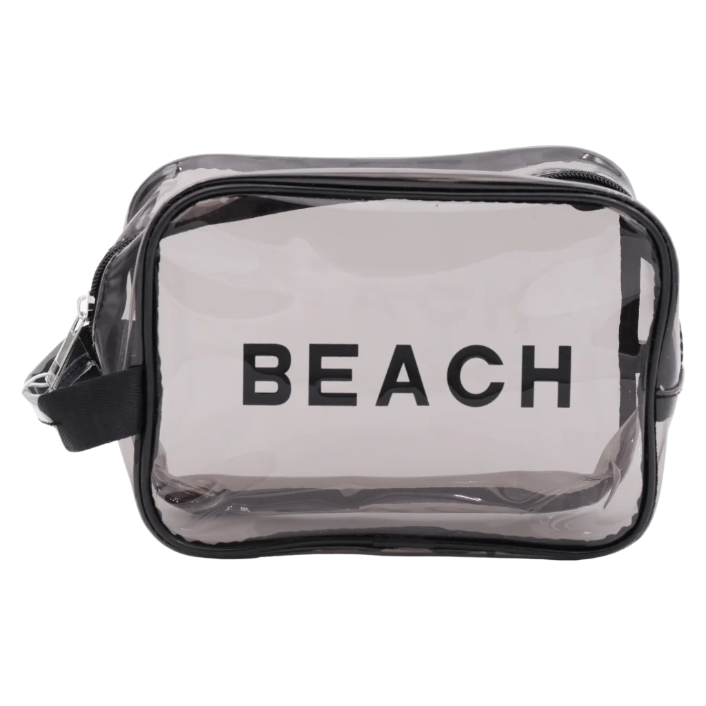 Transparente PVC-Kosmetiktasche mit BEACH-Print, portable Aufbewahrung (Schwarz)
