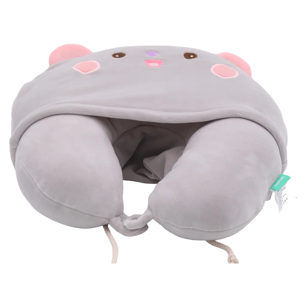 U-förmiges Nackenkissen mit Kapuze, Tier-Design (Grau)