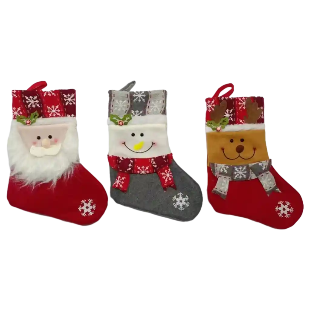 Weihnachtsstrumpf aus Stoff mit Weihnachtsmann-/Schneemann-/Rentier-Design, 35 cm (Rot/Grau/Braun)