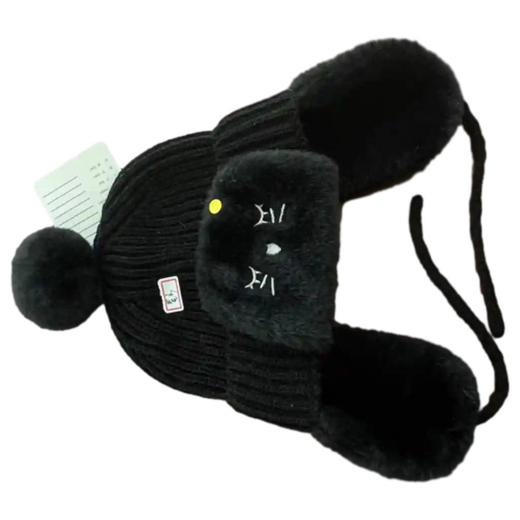 Kinder Wintermütze aus Acryl mit Plüschfutter, Katzen-Design (Schwarz)