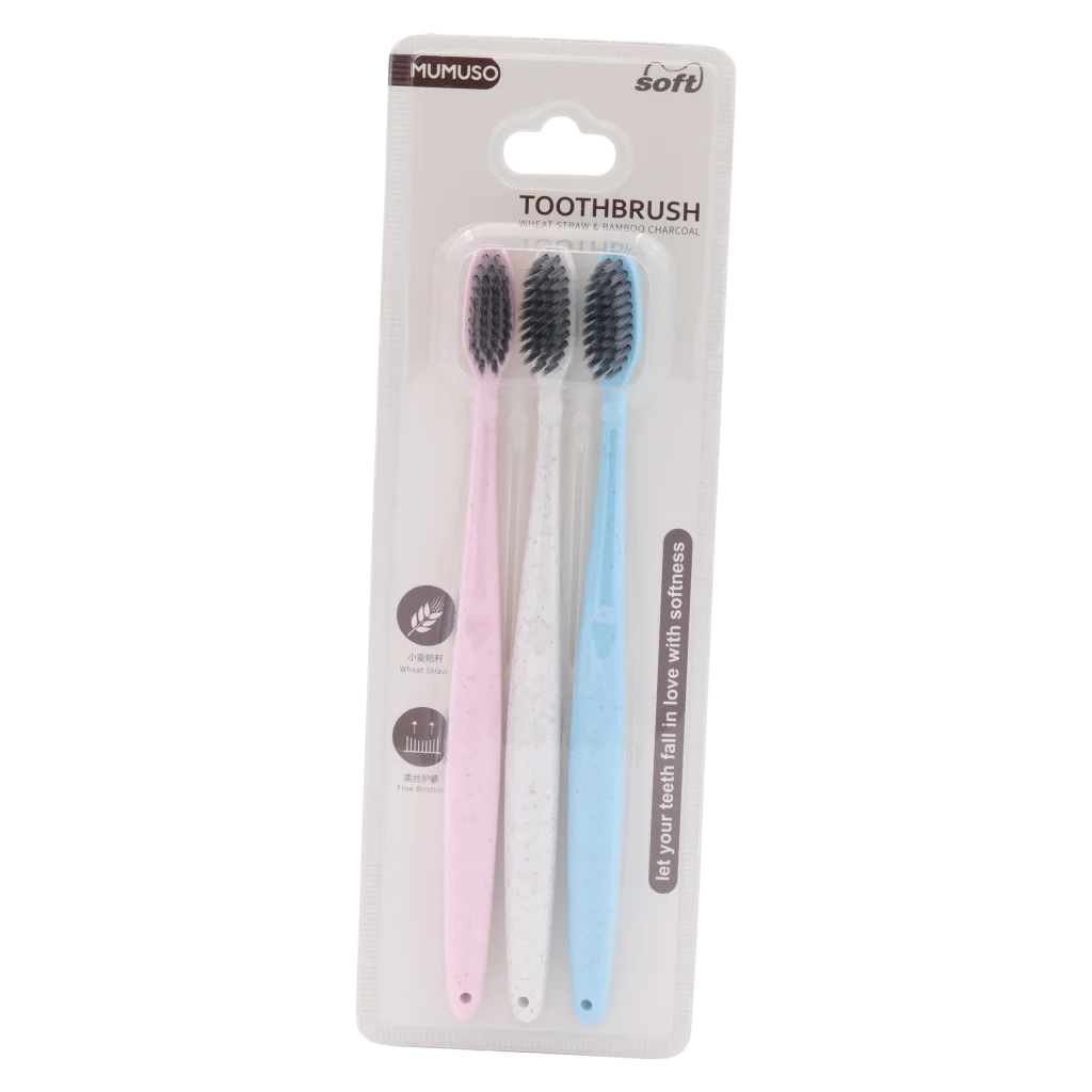 3er-Pack Zahnbürsten aus Weizenstroh mit Bambuskohle, weich (Rosa/Weiß/Blau)