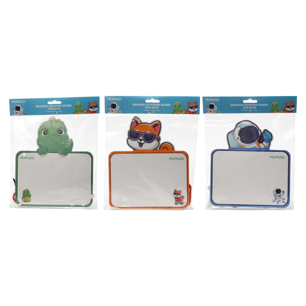 Abwischbare Zeichenplatte für Kinder mit Dino-/Fuchs-/Astronauten-Design (Grün/Orange/Blau)
