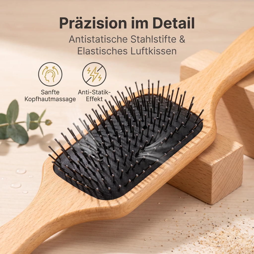 Detailansicht der Stahlstifte und des elastischen Luftkissens der MUMUSO Haarbürste
