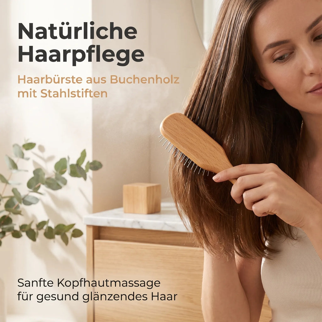 Anwendung der schmalen MUMUSO Haarbürste aus Buchenholz bei mittellangem Haar