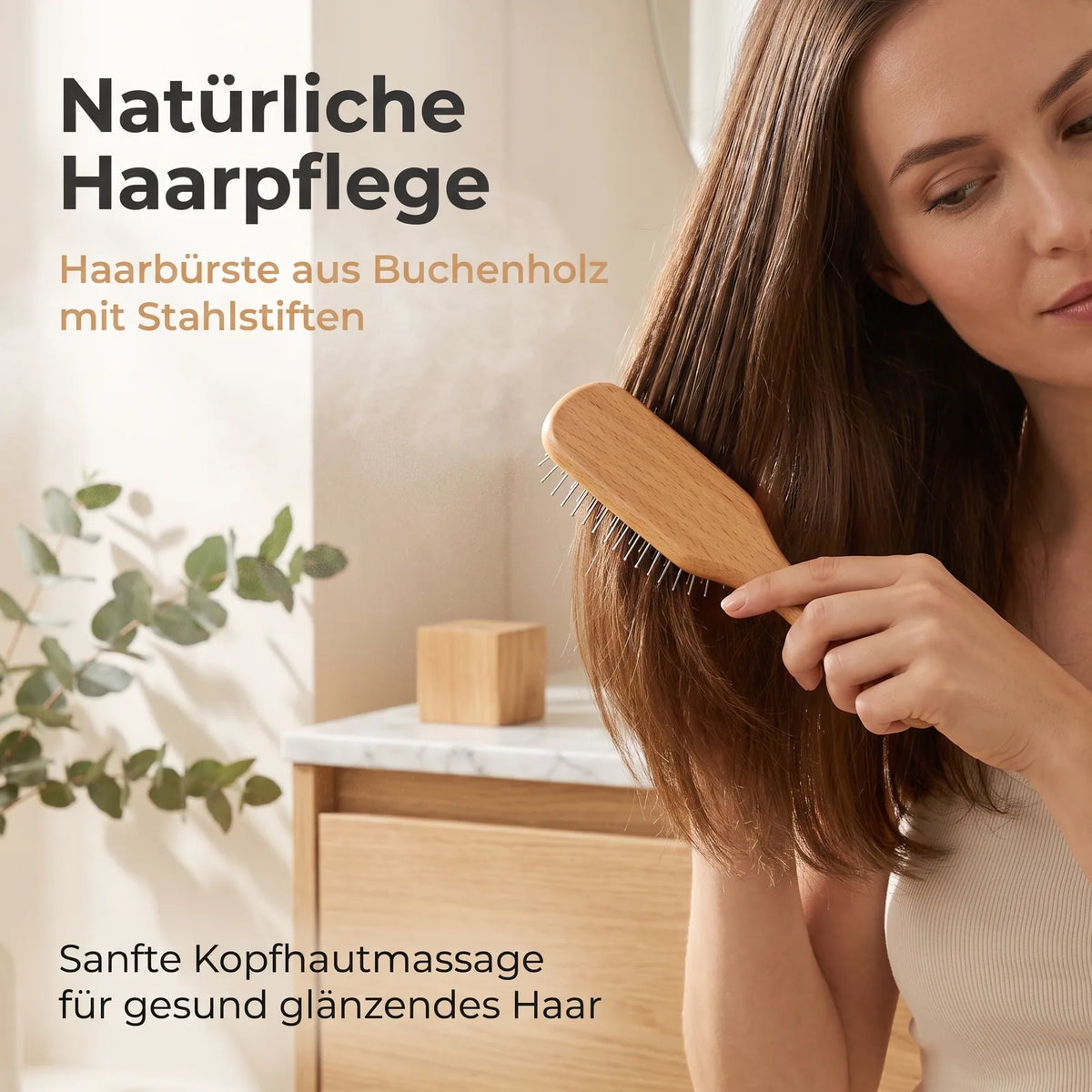 Anwendung der schmalen MUMUSO Haarbürste aus Buchenholz bei mittellangem Haar