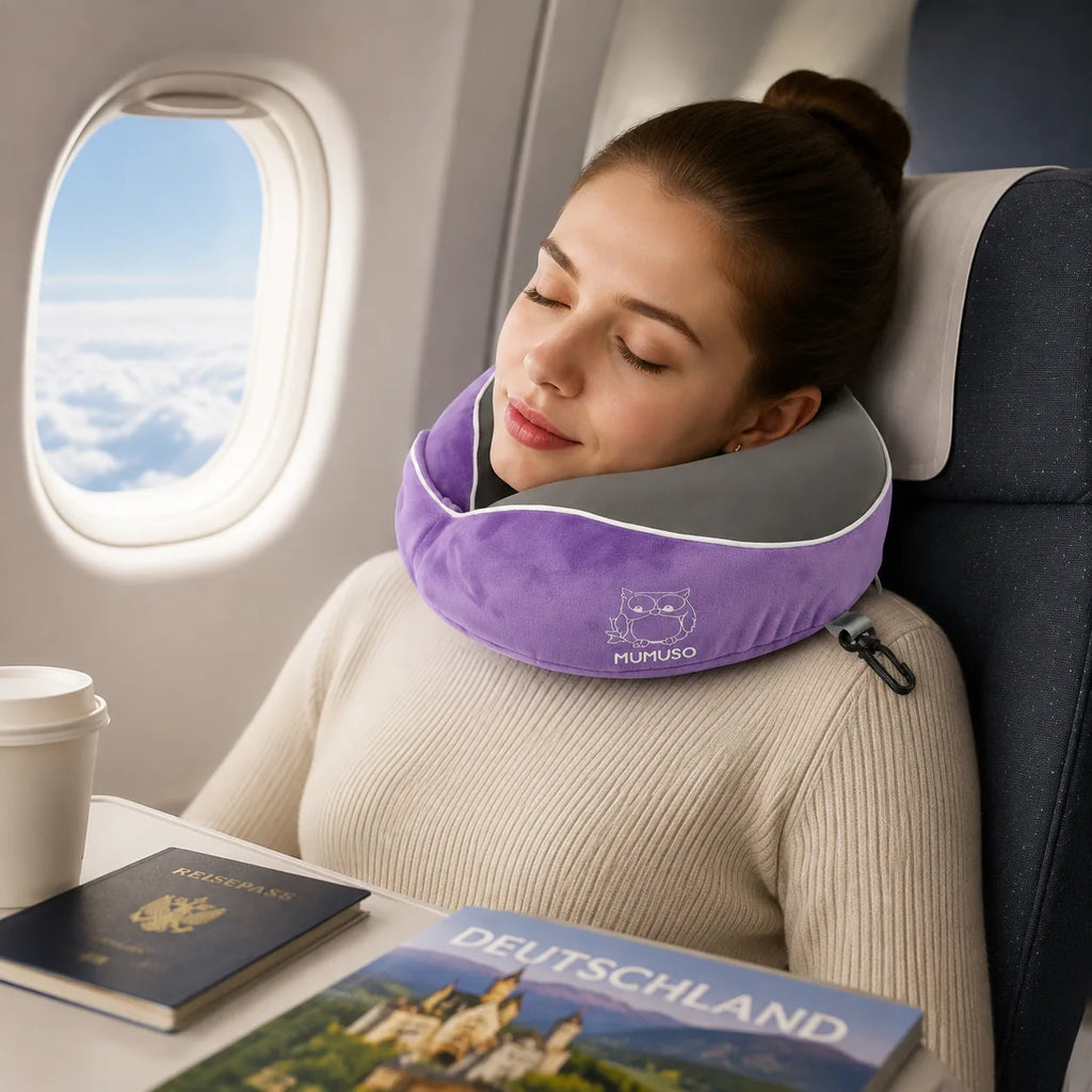Lila Memory-Foam-Nackenkissen der Starry-Sky-Serie bei einer Flugreise