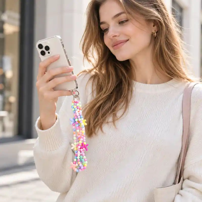 Frau hält ein Smartphone mit bunter Sweet Dream Perlen Handykette