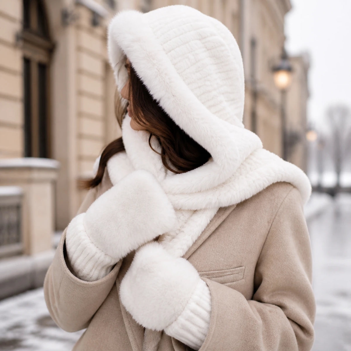 Dreiteiliges Winter Accessoire Set in Weiß im winterlichen Alltag
